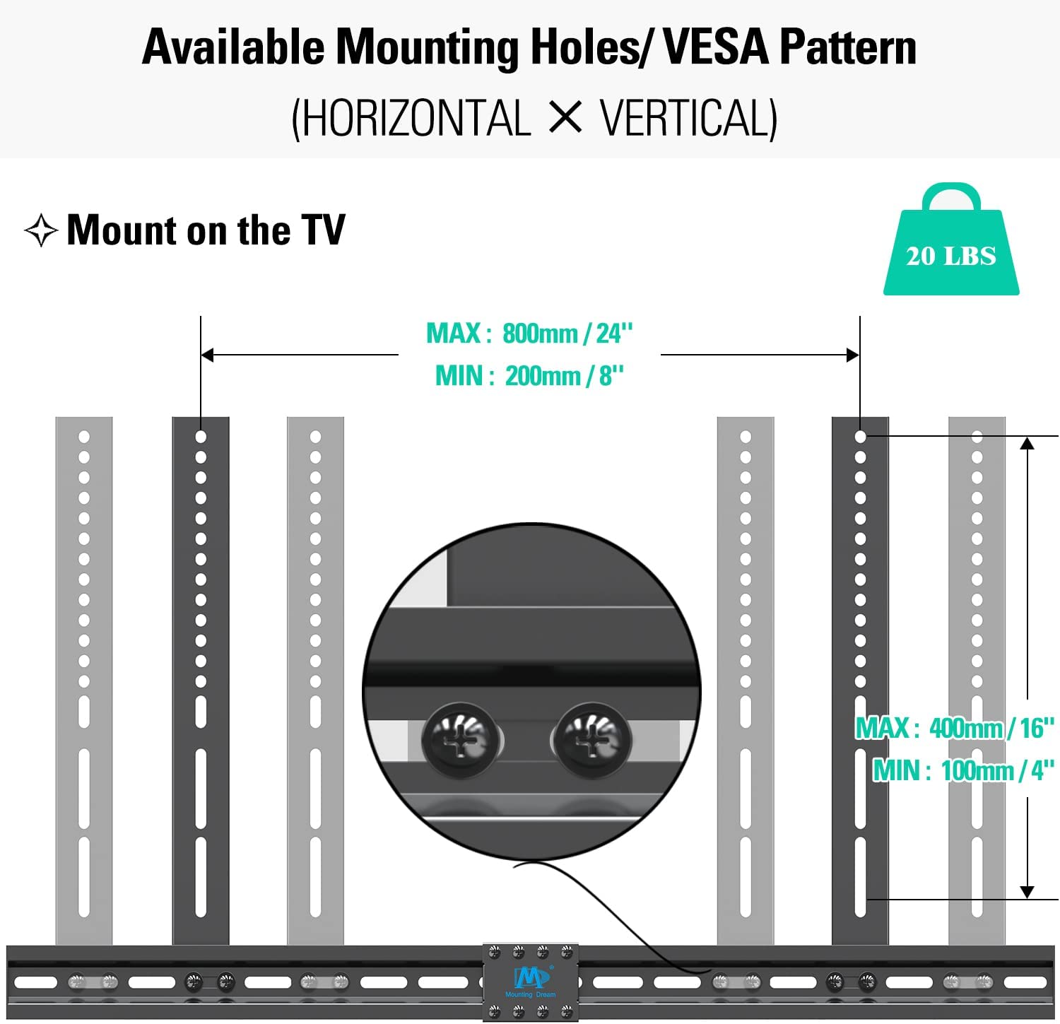 universal soundbar bracket for VESA from 200×100 mm and 600×400 mm