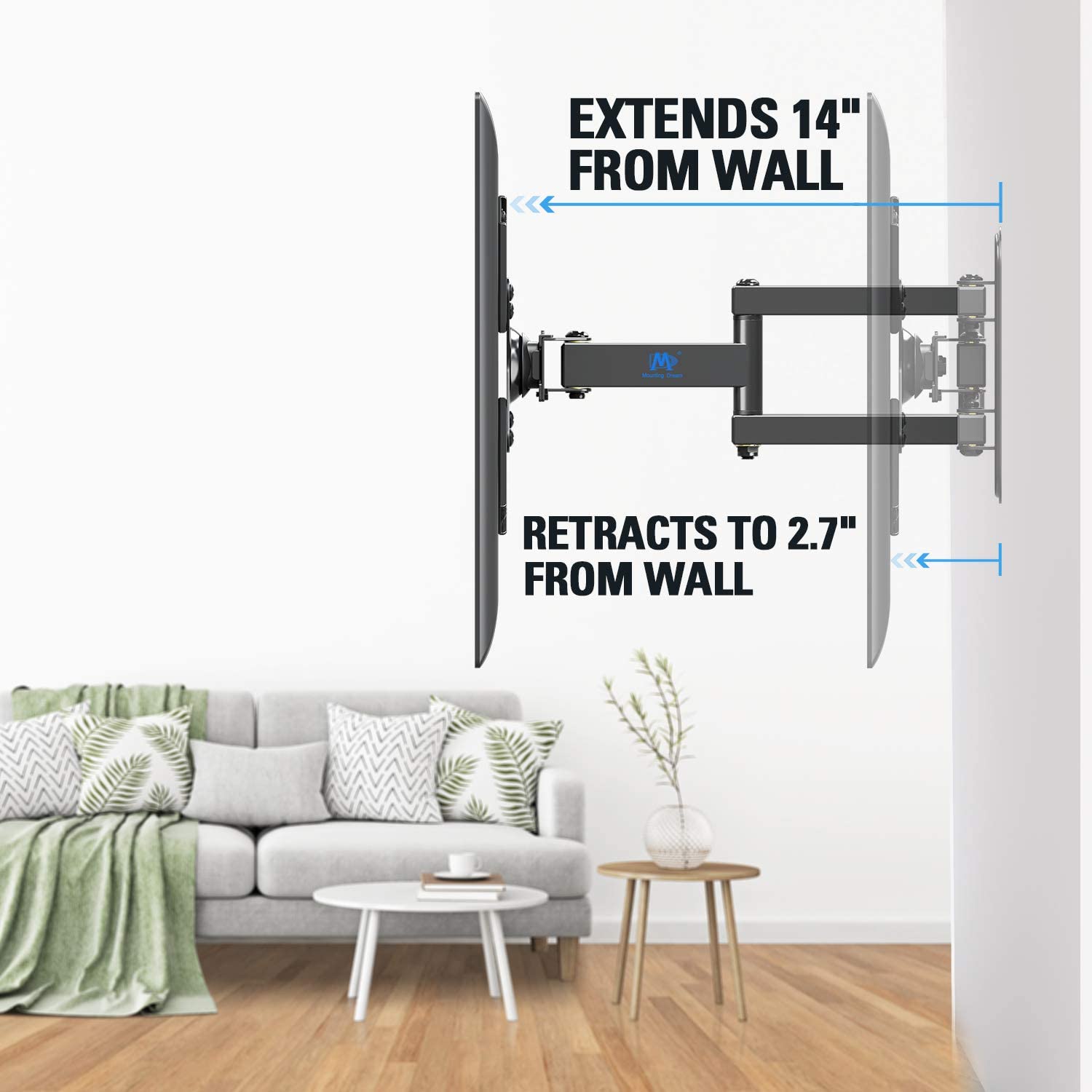 extends 14'' from wall for max adjustment and retracts 2.7'' to wall for saving space