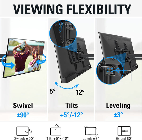 full motion TV wall mount with swivel, tilt and leveling adjustment