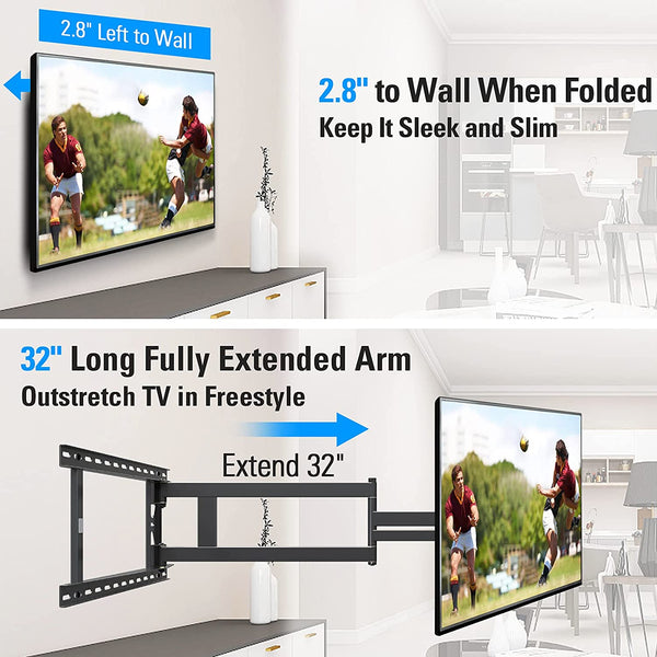TV wall mount with 32'' long fully extended arm for max viewing flexibility