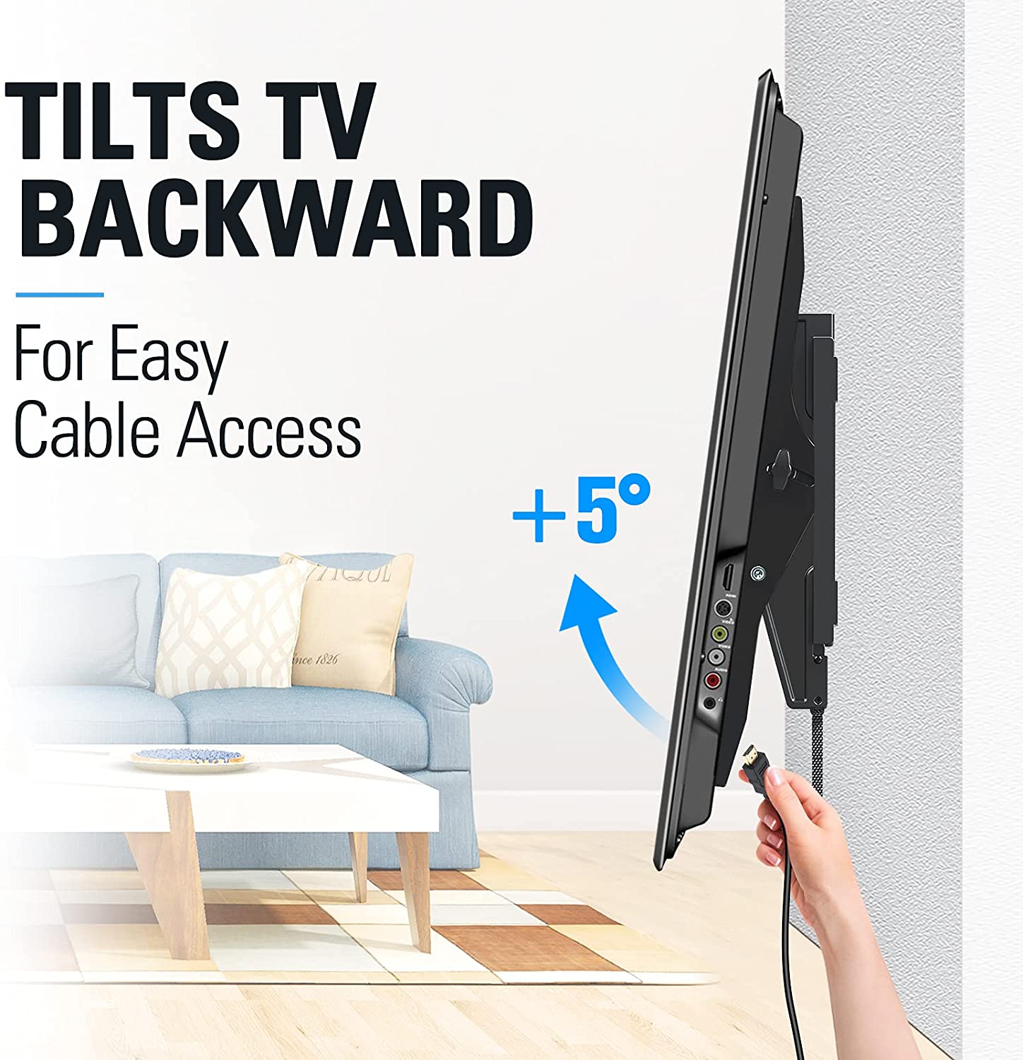tilt TV wall mount tilts 5° up for easy cable management