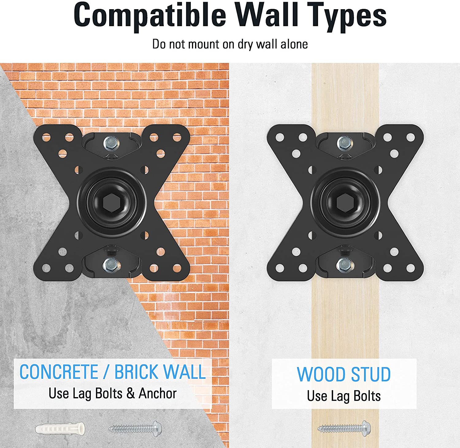 mounting on single wood stud or concrete/brick wall