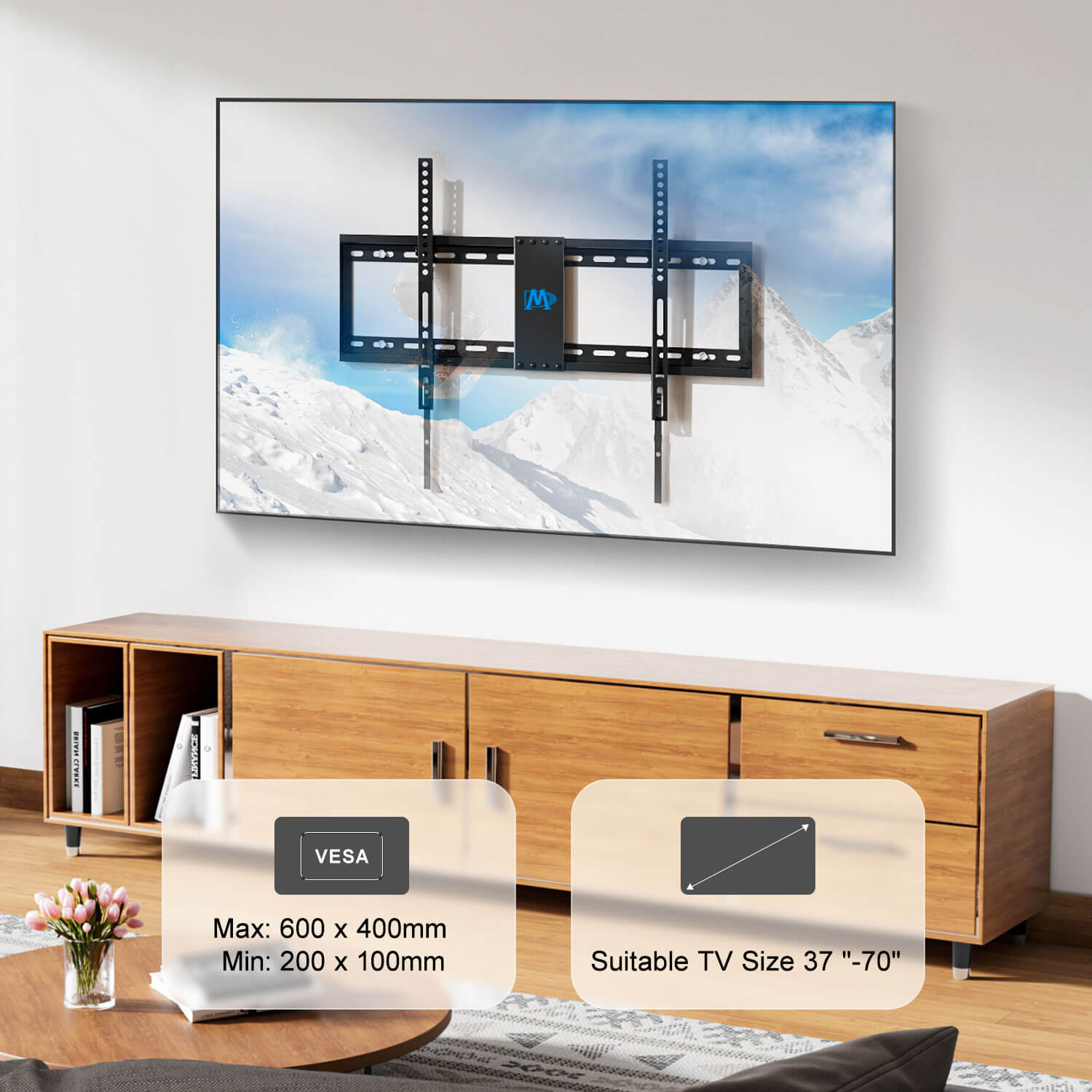 tilting TV wall mount fits VESA from 200×100 mm to 600×400 mm 