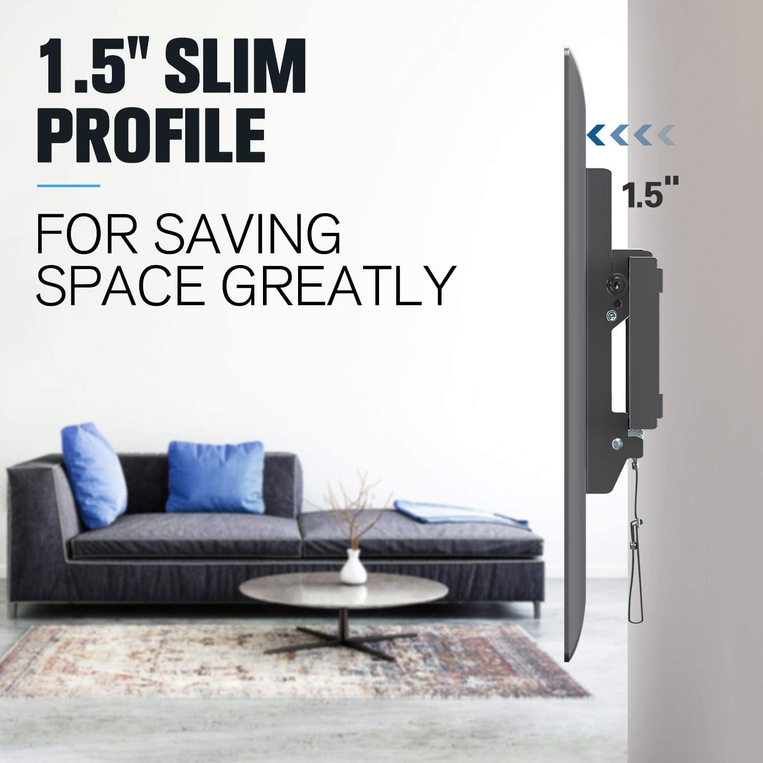 tilting TV wall mount with 1.5'' slim profile creates a sleek and clean look