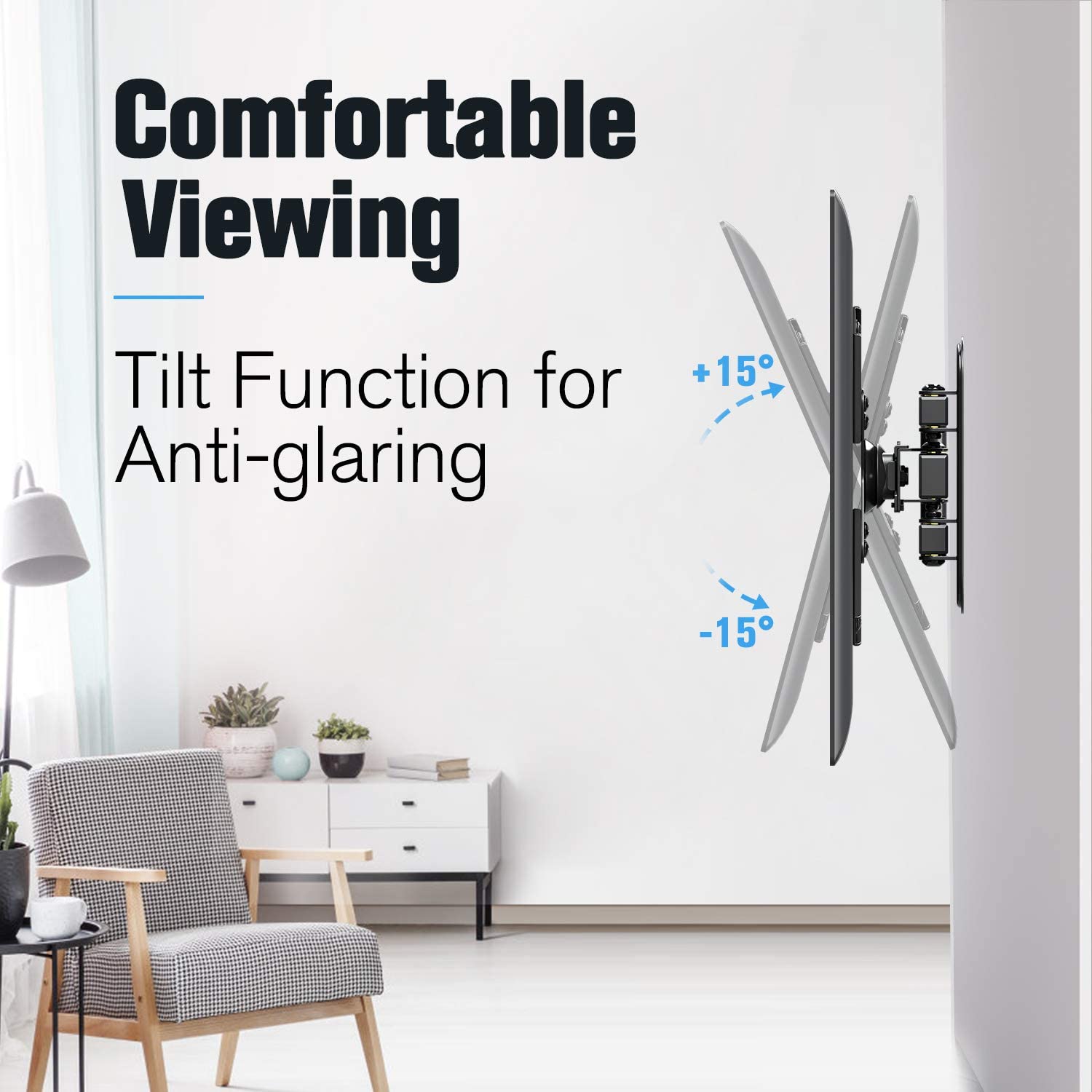 monitor tv mount with a 15° of tilt to reduce glare for a comfortable view