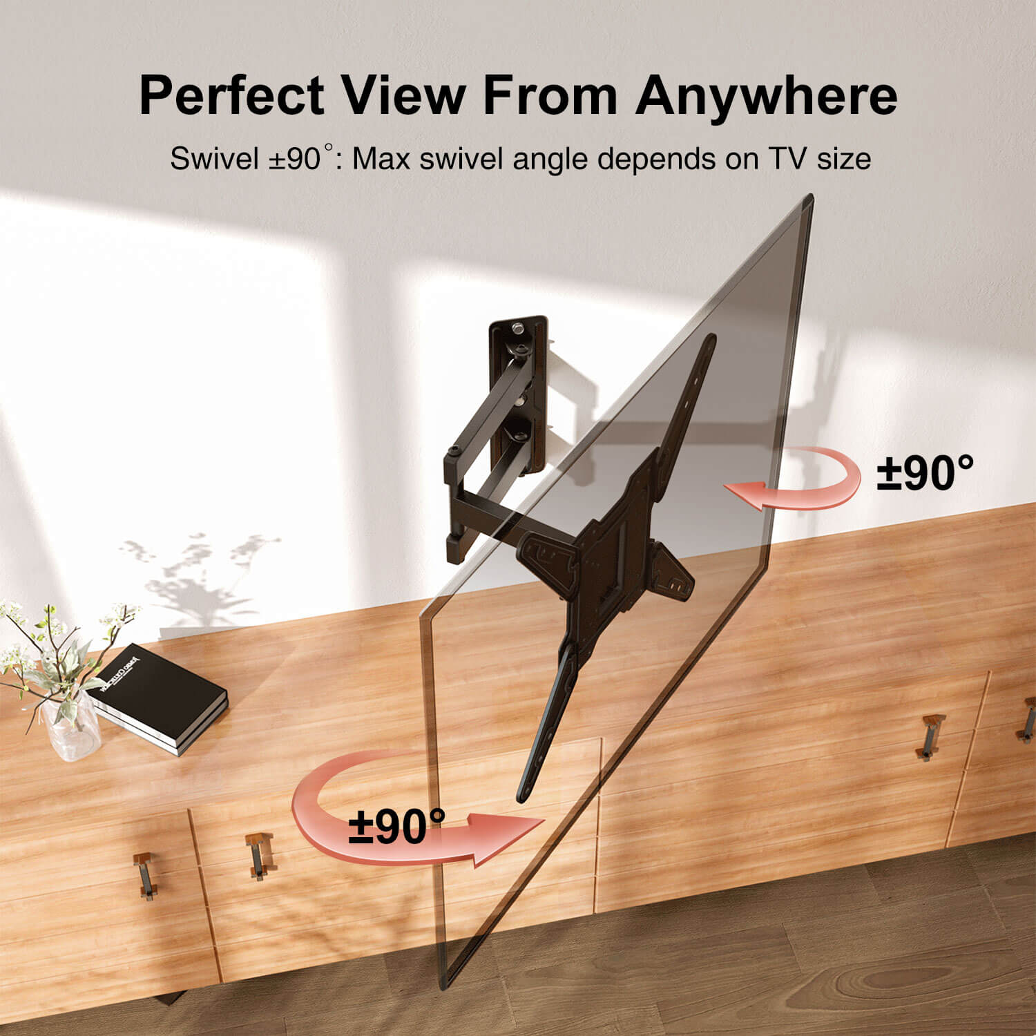 swivel TV mount moves TV 90° left or right for flexible viewing