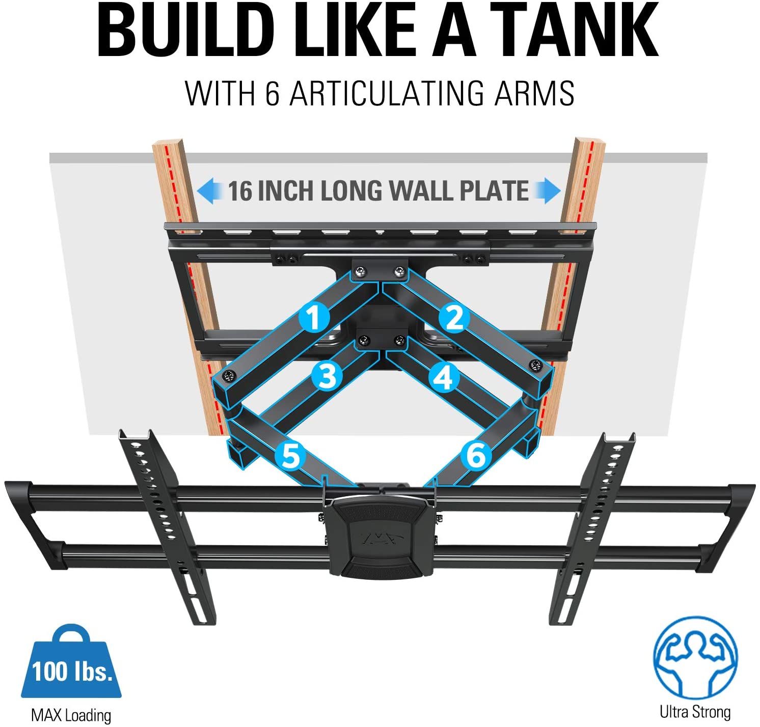 heavy-duty TV wall mount with 6 articulating arms